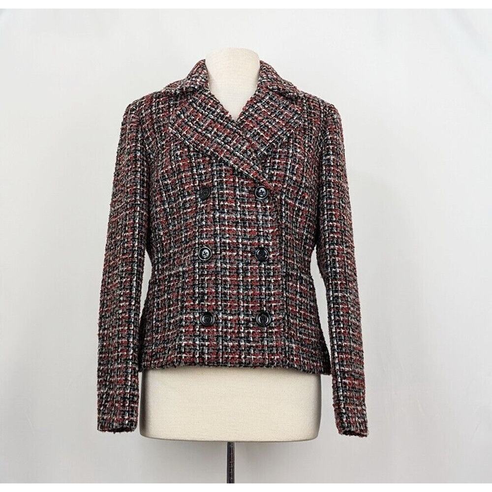 J. Peterman Jacket Black Colorful Tweed Double Breasted Blazer Women's Size 12